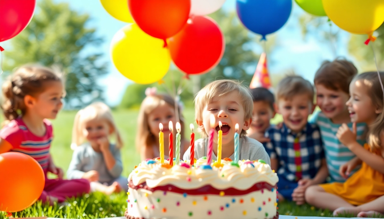 Kindergeburtstag 4 Jahre: Fröhliche Kinder und eine bunte Geburtstagstorte im Park feiern.