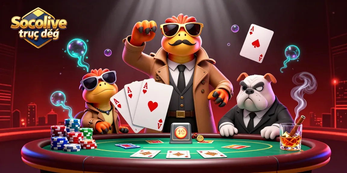 Socolive trực tiếp showcases a vibrant casino scene with raptors in a trench coat, exuding humor and excitement