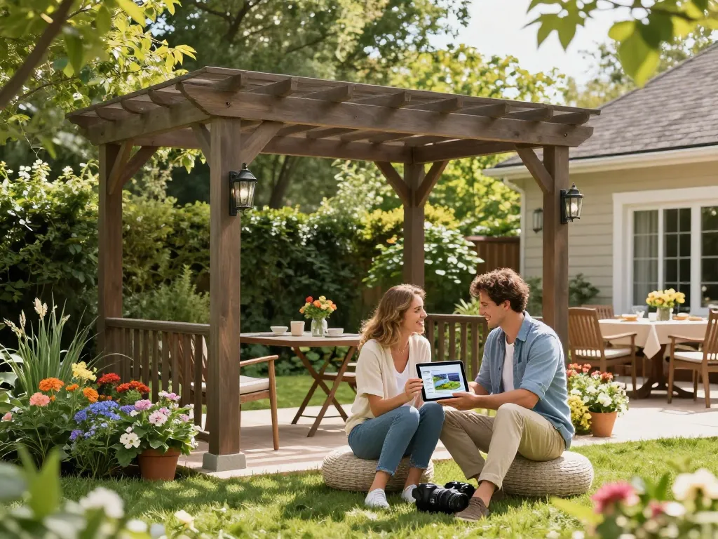 Pergola Konfigurator 3D in einer Gartenumgebung mit einem Paar, das ein Tablet verwendet, um ihr Pergoladesign anzupassen.