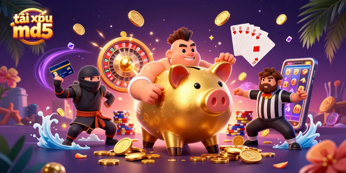 Experience thrilling tài xỉu md5 action with a dynamic scene featuring a sumo piggy bank and vibrant casino elements.