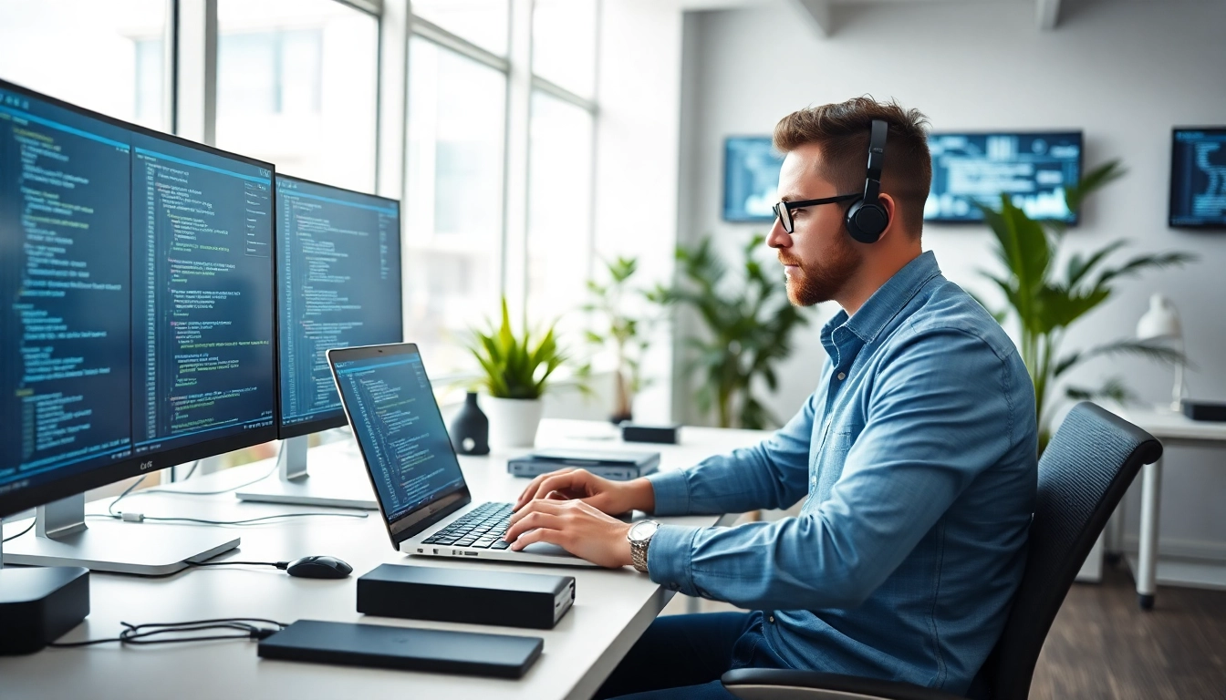 Shopware Entwickler arbeitet konzentriert an einem Laptop in einem modernen Büro mit technischen Geräten.