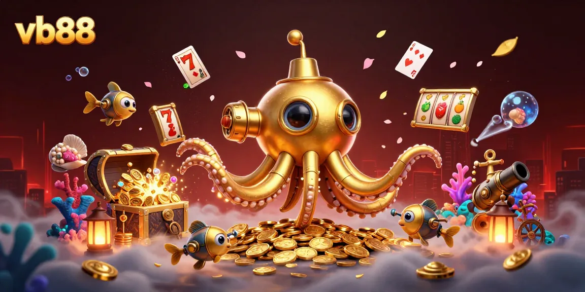 Experience the thrill of vb88 with a 3D kraken submarine amid floating slot reels and golden treasures.
