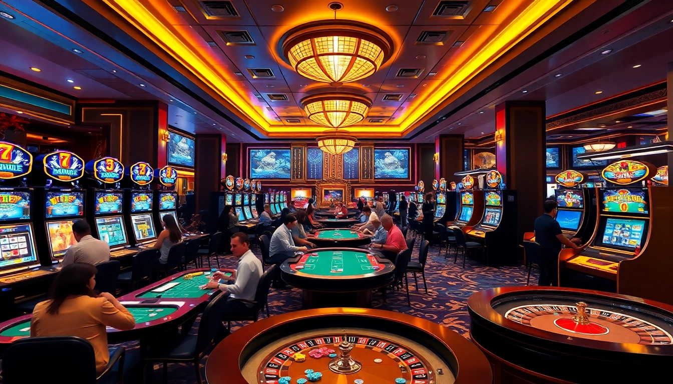 Players enjoying a thrilling gaming experience at https://tr888.club/ with vibrant slot machines and poker tables.