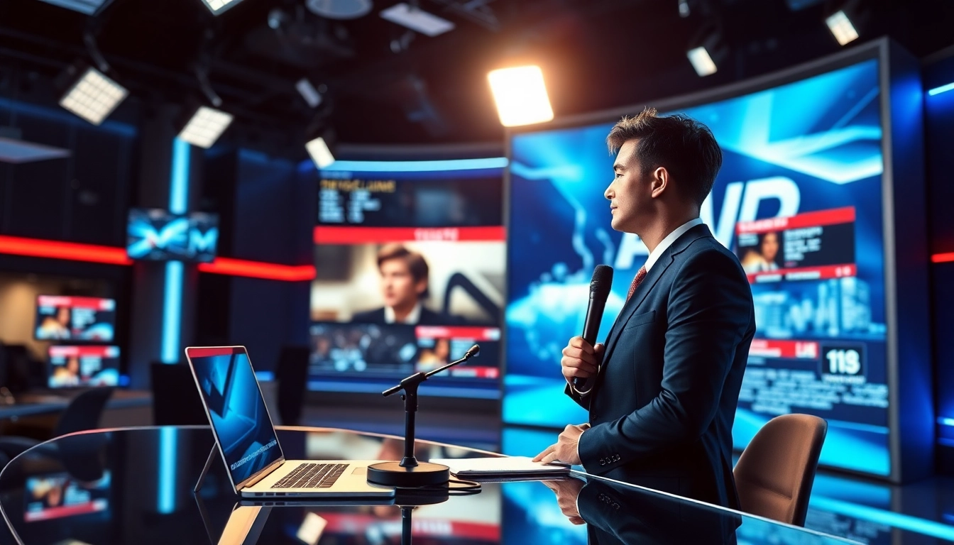 Aktuelle Meldungen von einem Nachrichtenreporter in einem modernen Newsroom erfassen.