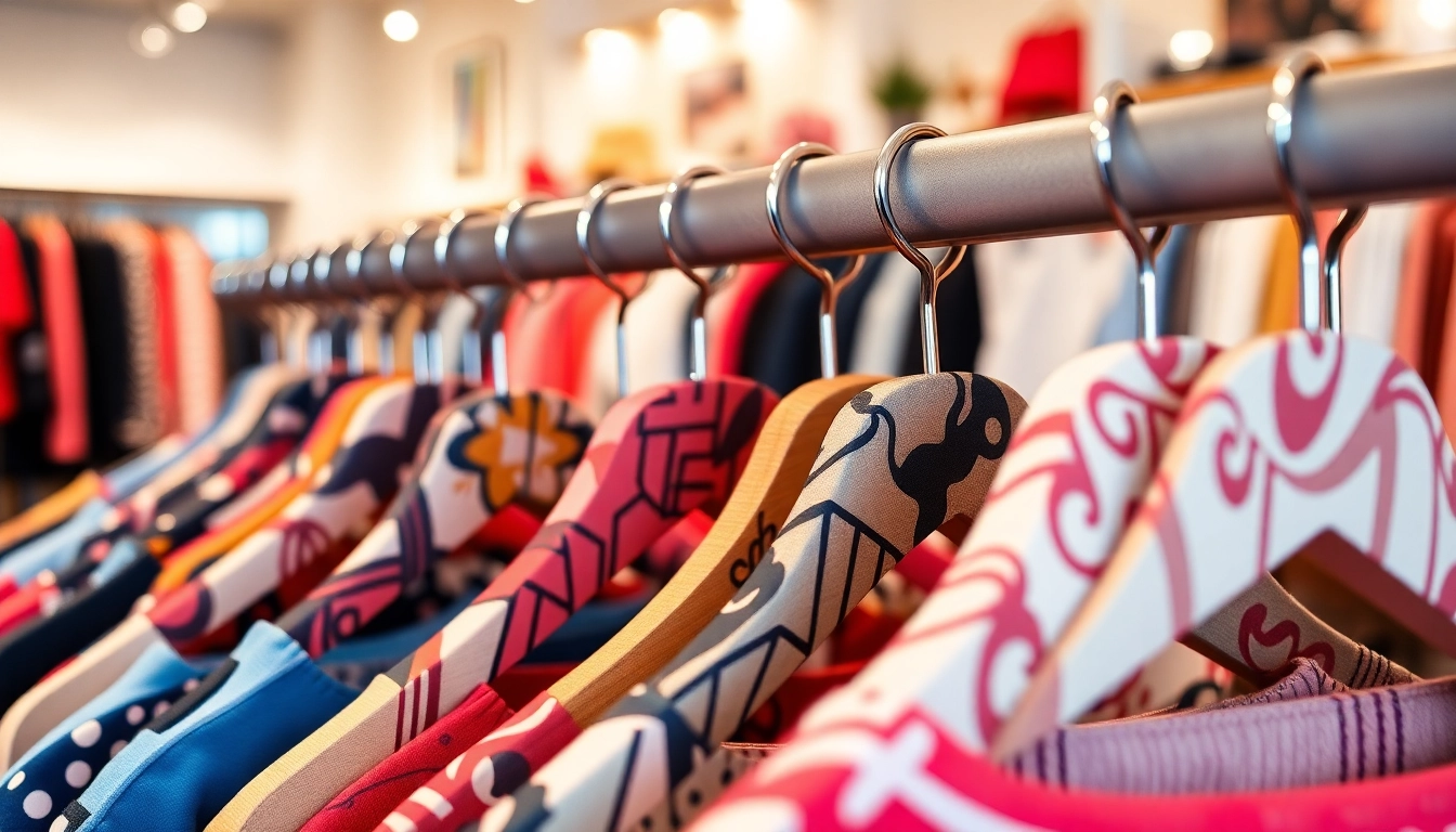 Showcasing individuell bedruckte kleiderbügel in a vibrant clothing store, highlighting unique designs.