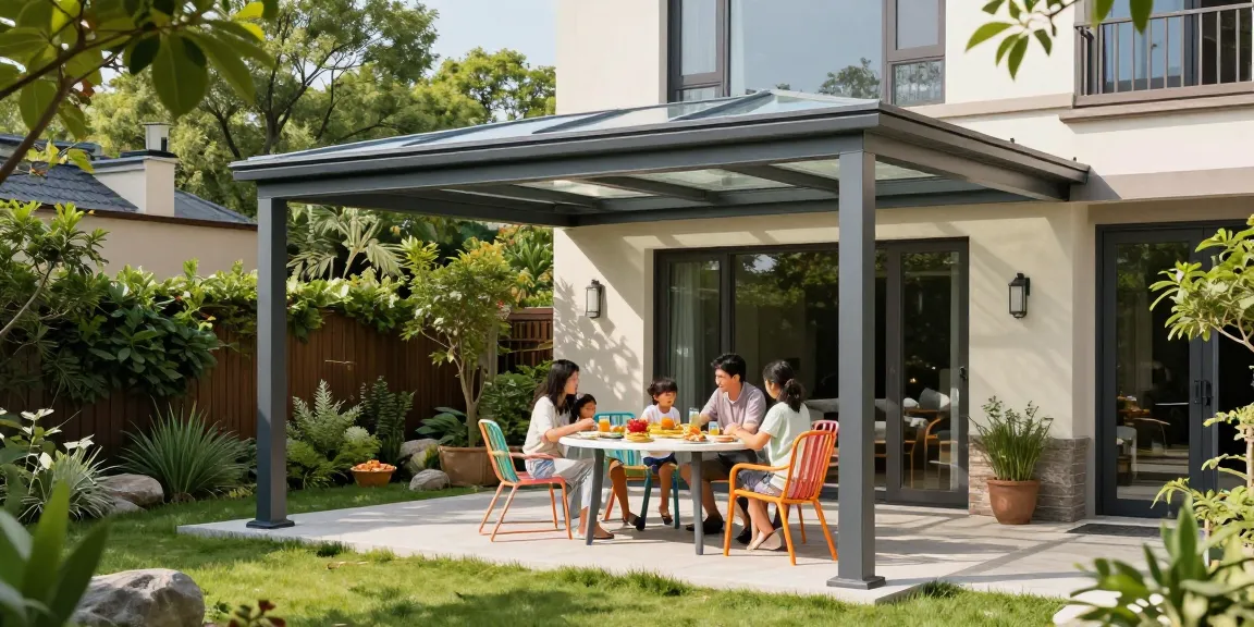 Freistehende Terrassenüberdachung schafft einen einladenden Gartenraum.