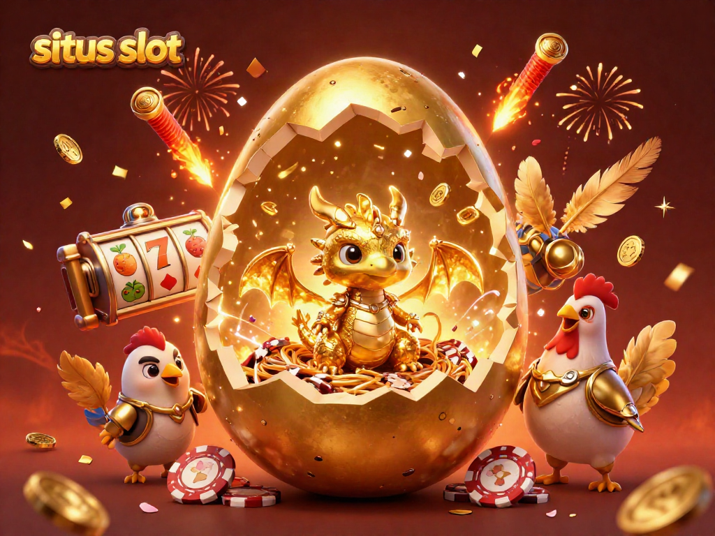 Experience thrilling situs slot action with a golden dragon, poker chips, and festive casino elements.