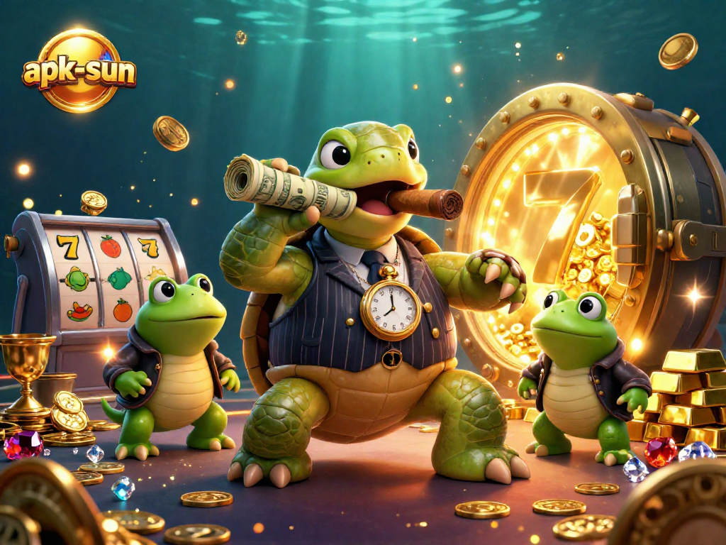 Experience thrilling gameplay at apk-sun featuring a cartoon turtle and bullfrogs among riches and slot machines.