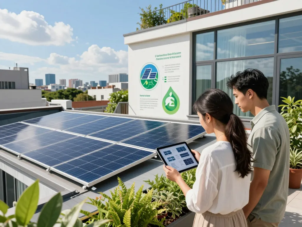 Photovoltaik Wien: Paar erkundet Solarpanel-Optionen auf einem Dach mit Skyline der Stadt.