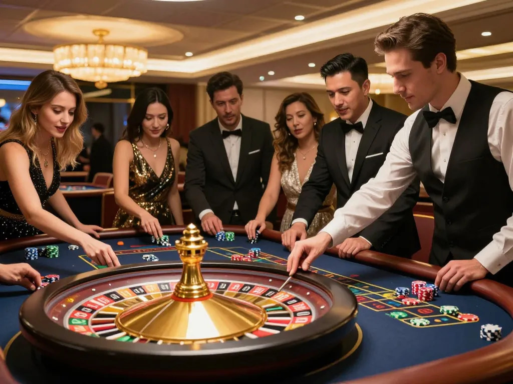 Experience the excitement of mb668 with players engaging at a luxurious roulette table in an upscale casino.