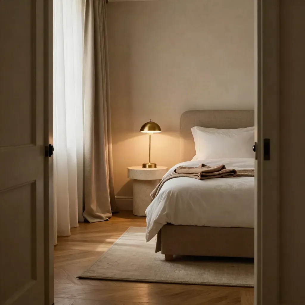 Luxus-Hotelzimmer mit gemachtem Bett, Goldlampe und Steinbeistelltisch im warmen Licht.