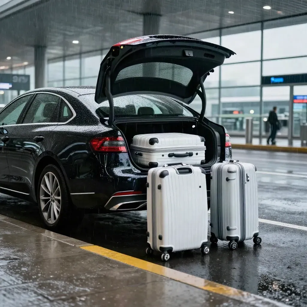 Schwarze Limousine mit geöffnetem Kofferraum und zwei Koffern im Regen am Flughafen.