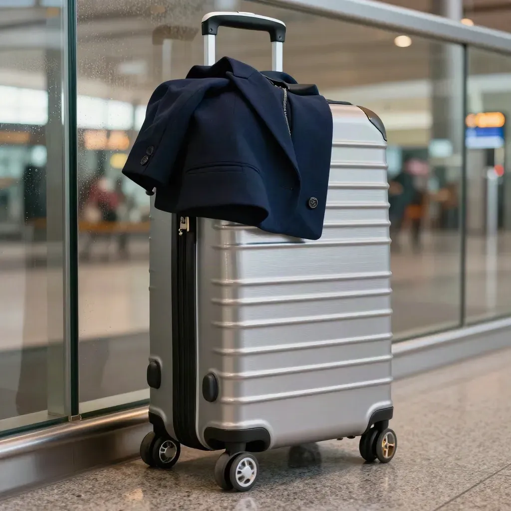 Silberner Trolley mit navy Blazer am Flughafenglas im warmen Licht