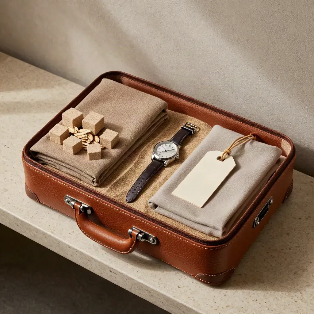 Reise-Flatlay mit Lederkoffer, Packing Cubes, Uhr und Gepäckanhängern auf Travertin.