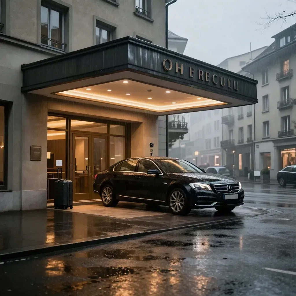 Schwarze Limousine vor Hotel in Zürich bei Regen, Koffer an der Tür.