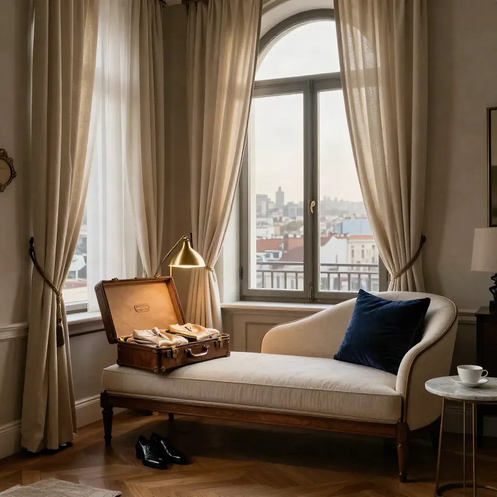 Wiener Hotelsuite mit hohen Fenstern, Morgendunst und navyfarbenem Akzent