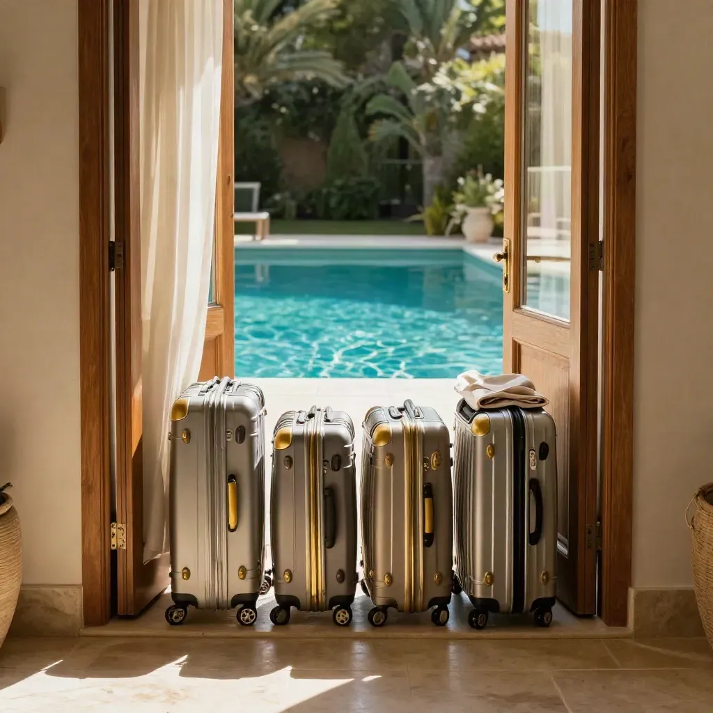 Offene Familiensuite auf Mallorca mit vier Koffern und Blick auf den Pool