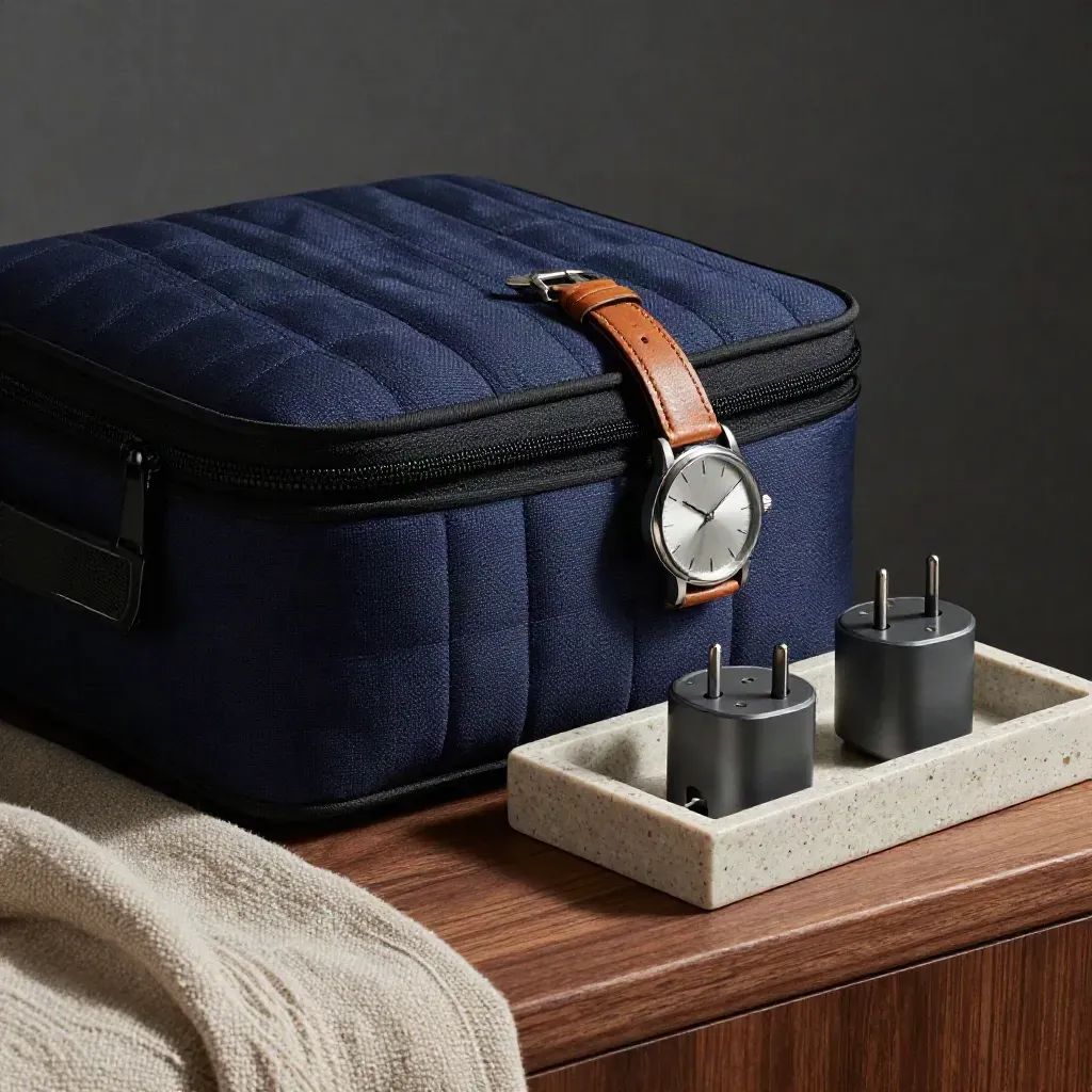 Packing-Cubes, Armbanduhr und Adapter in einer flachen Ablageschale im dramatischen Licht
