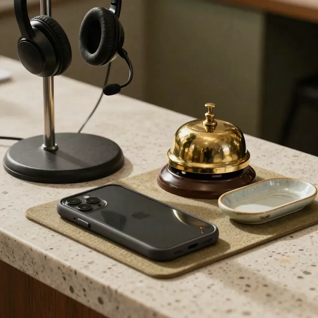 Nahaufnahme von Headsetständer, Tischklingel und Smartphone auf Keramikschale im Büro.