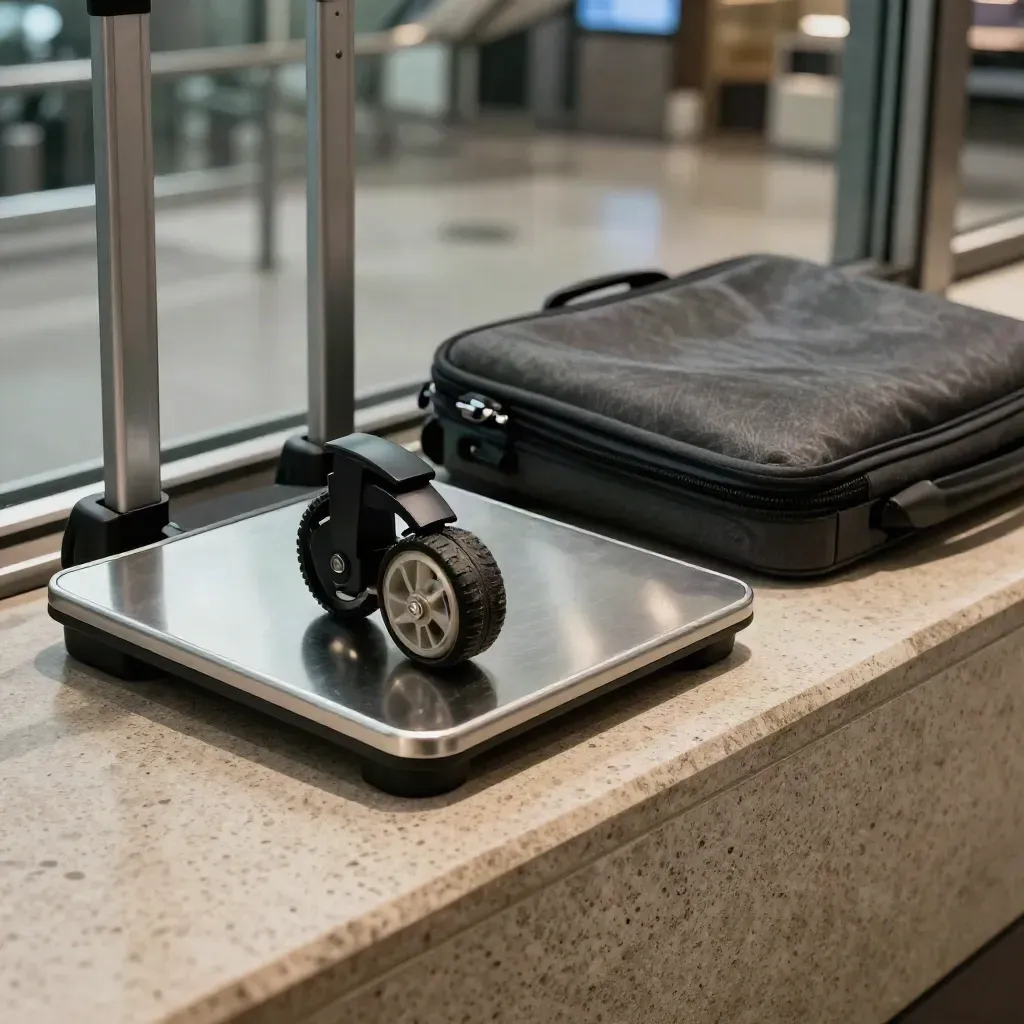 Luggage-Scale, Rollrad und Laptop-Hülle auf Steinfläche im hellen Tageslicht.