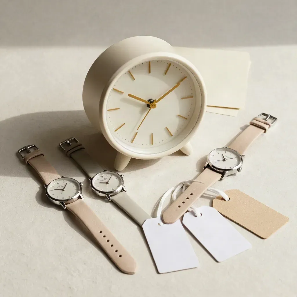 Analoge Uhr, zwei Uhren und Gepäckanhänger auf hellem Stein, von oben fotografiert.