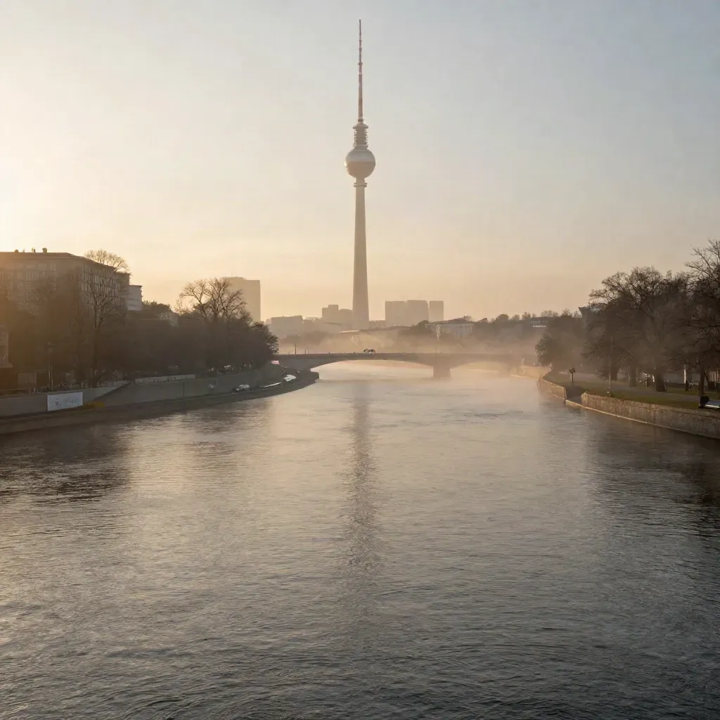 Berlin im Morgenlicht mit Fernsehturm, Spreebogen und Brücken im Dunst