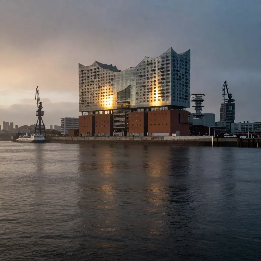 Hamburger Hafen mit Elbphilharmonie, Kränen und ruhigem Wasser im Abendlicht