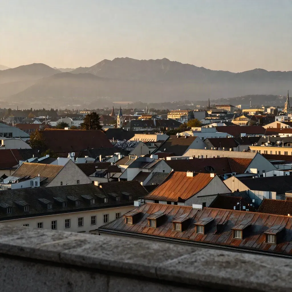 Münchens Dächer im Abendhaze mit Alpenlinie hoch am Horizont