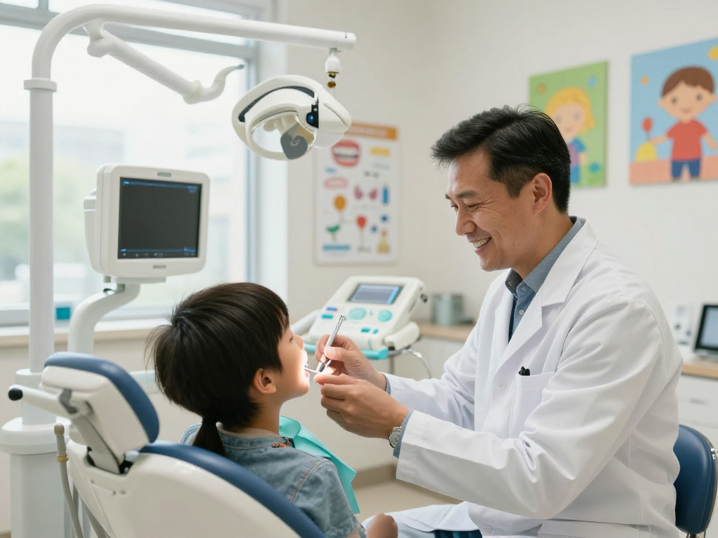 Orthodontist in a modern dental clinic assessing a child's dental health focusing on Kieferorthopädie with high-quality equipment and a friendly atmosphere.