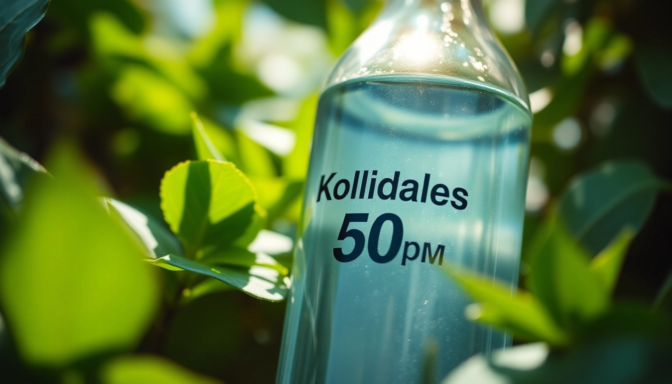 Discover the purity of Kolloidales Silber 50 ppm in a pristine glass bottle surrounded by greenery.