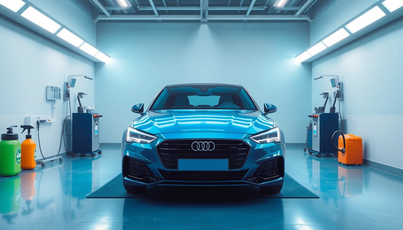 Detailing Produkte auf einem professionellen Waschplatz displayen, betont hochwertige Autopflege.