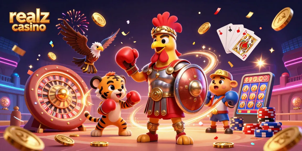 Experience thrilling games at Realz Casino with vibrant scenes of fun and excitement.