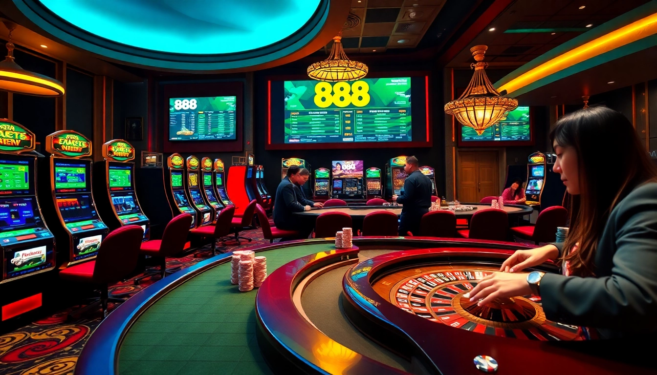Tổng hợp 888new shows players at a luxurious casino enjoying poker and roulette games.