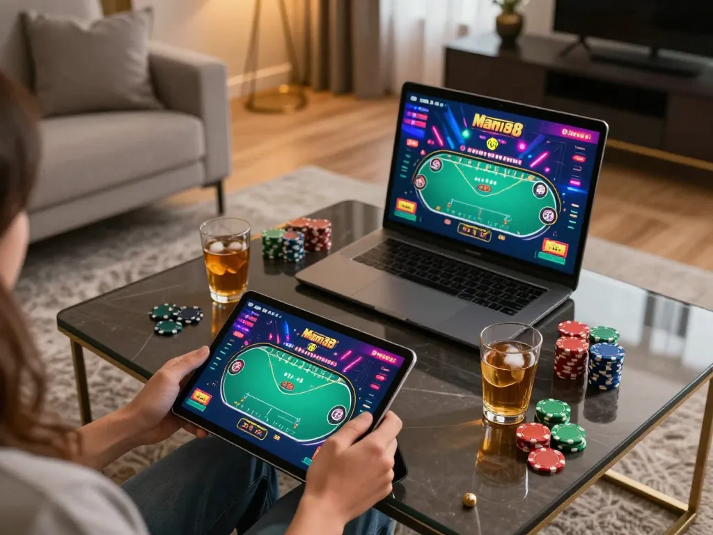Play engaging online poker on Man 88 app with a cozy gaming setup and warm ambiance