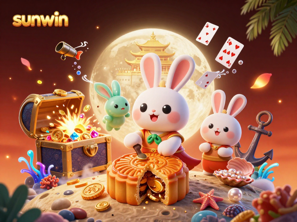 Join the action at sunwin with a vibrant casino scene featuring a moon rabbit, poker chips, and shimmering treasures!