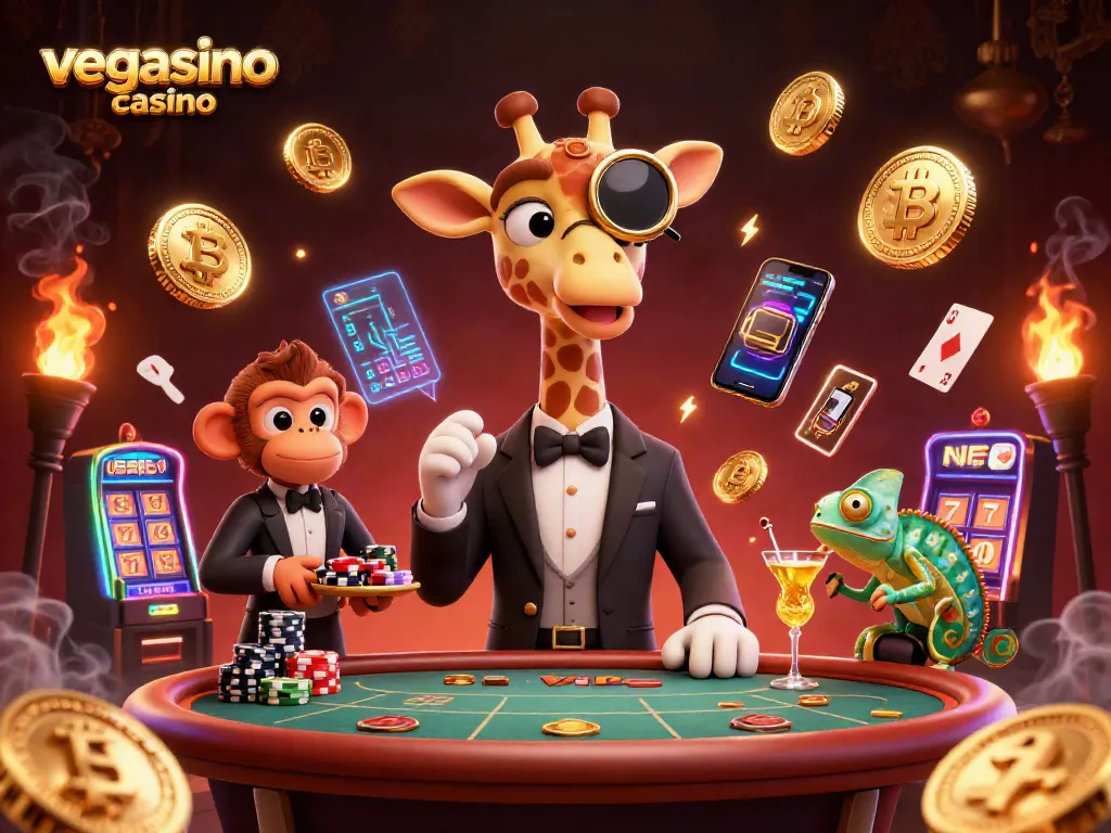 Experience the excitement of vegasino casino with skilled giraffe, monkey, and chameleon celebrating at a poker table.