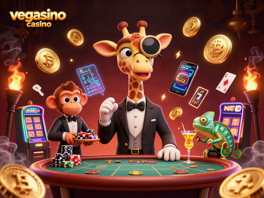 Experience the excitement of vegasino casino with skilled giraffe, monkey, and chameleon celebrating at a poker table.