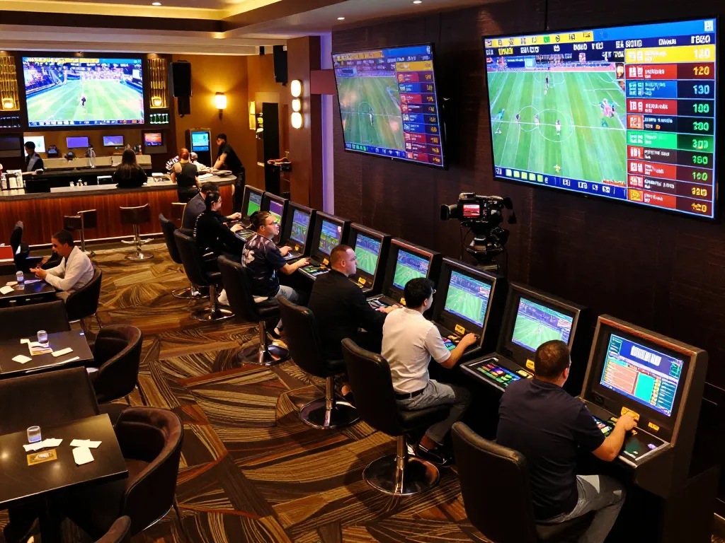 Bsport users placing strategic sports bets in a lively casino lounge atmosphere