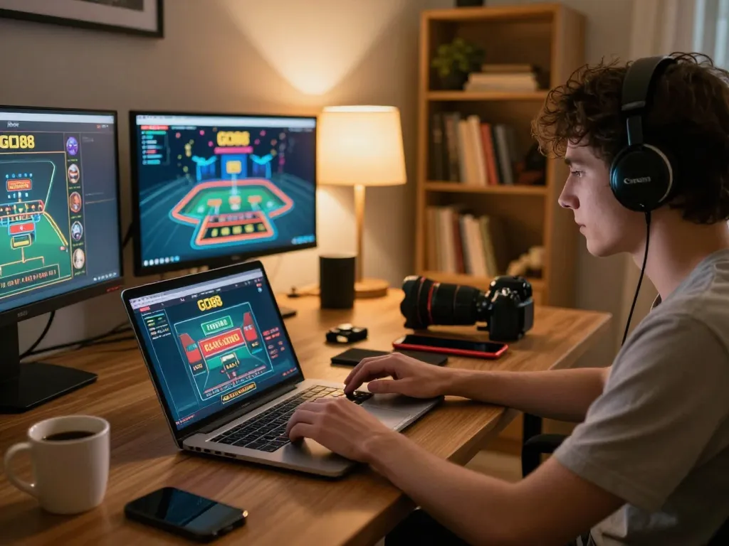 Player enjoying GO88 online casino game at home, engaged in strategic betting action with focused concentration