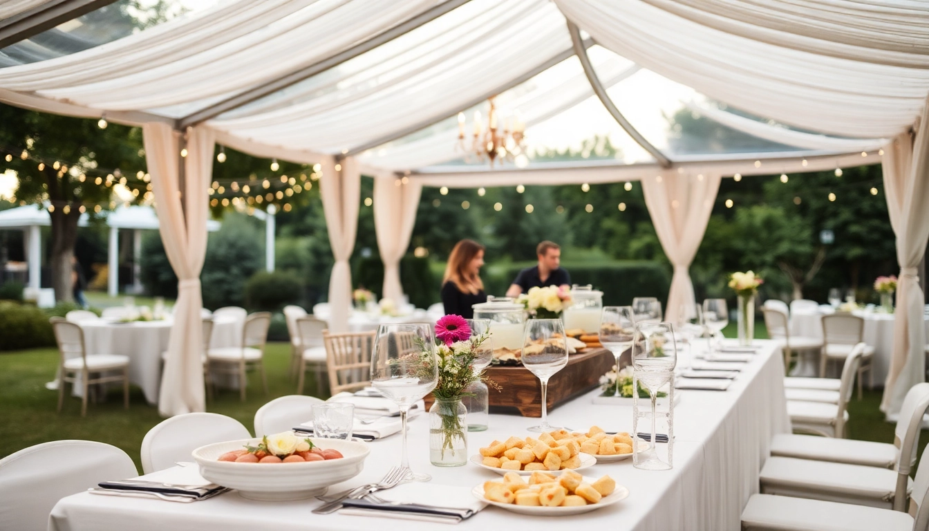 Catering-Event mit frischen Speisen und stilvollem Geschirr auf einem eleganten Tisch im Freien