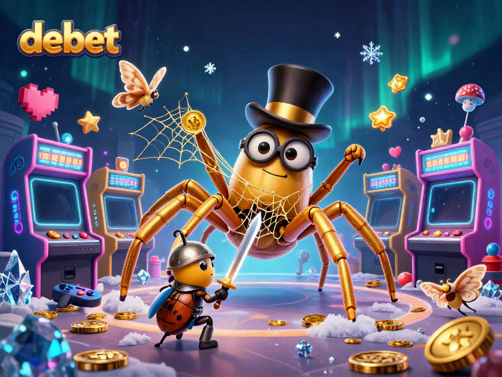 Engage in thrilling gaming with debet, a 3D illustration showing a unique golden tarantula and a beetle knight in a vibrant casino scene.