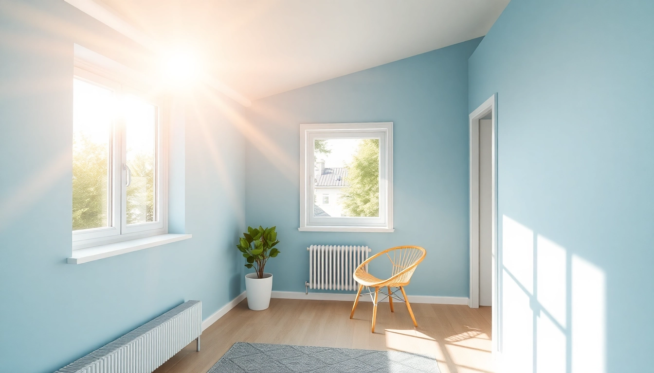 Installieren einer Klimaanlage für optimales Raumklima in hellblauer Umgebung.