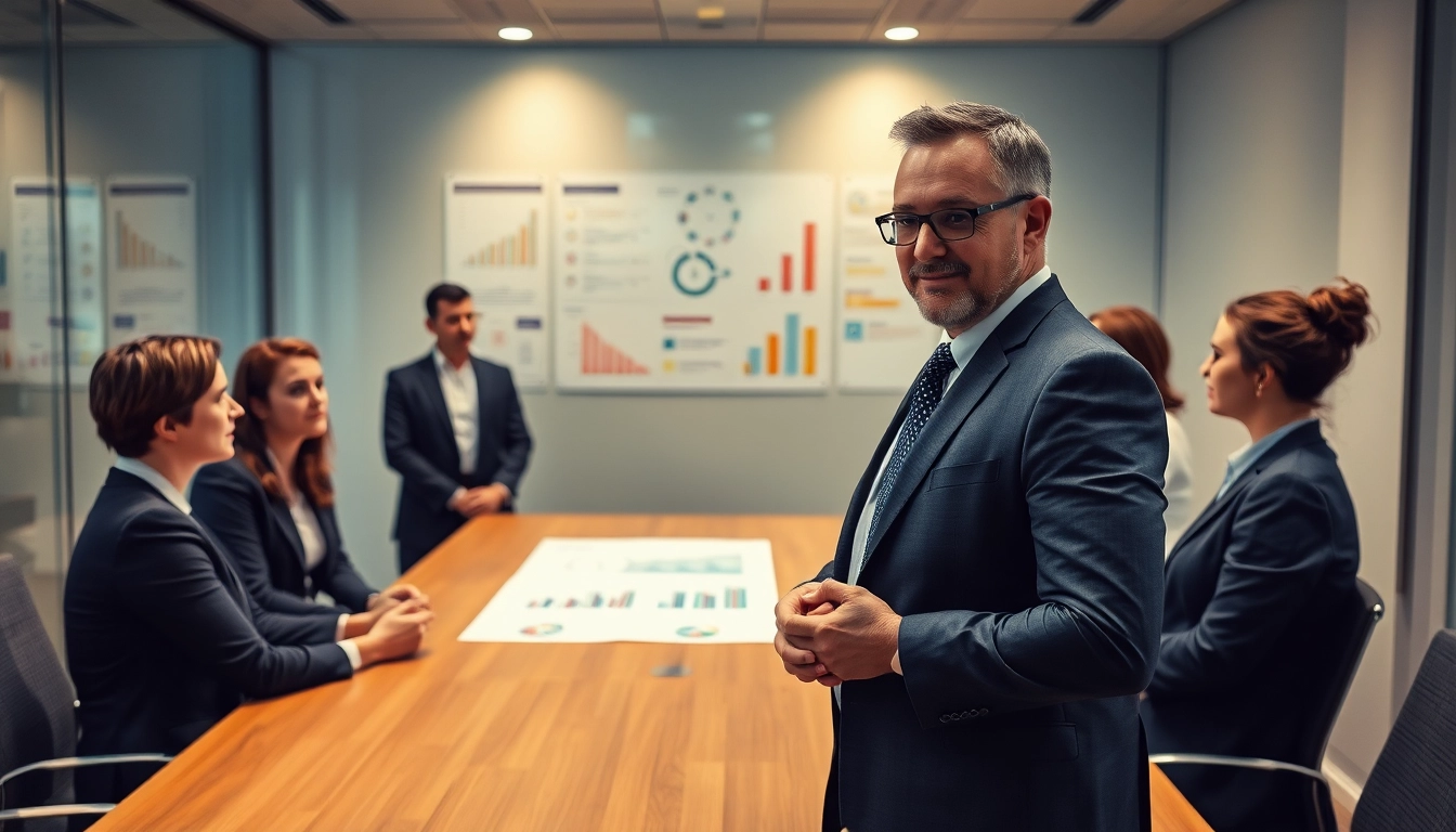 Führungskräfte Vertrieb Headhunter leitet eine Strategie-Sitzung mit Vertriebsleitern in einem modernen Konferenzraum.