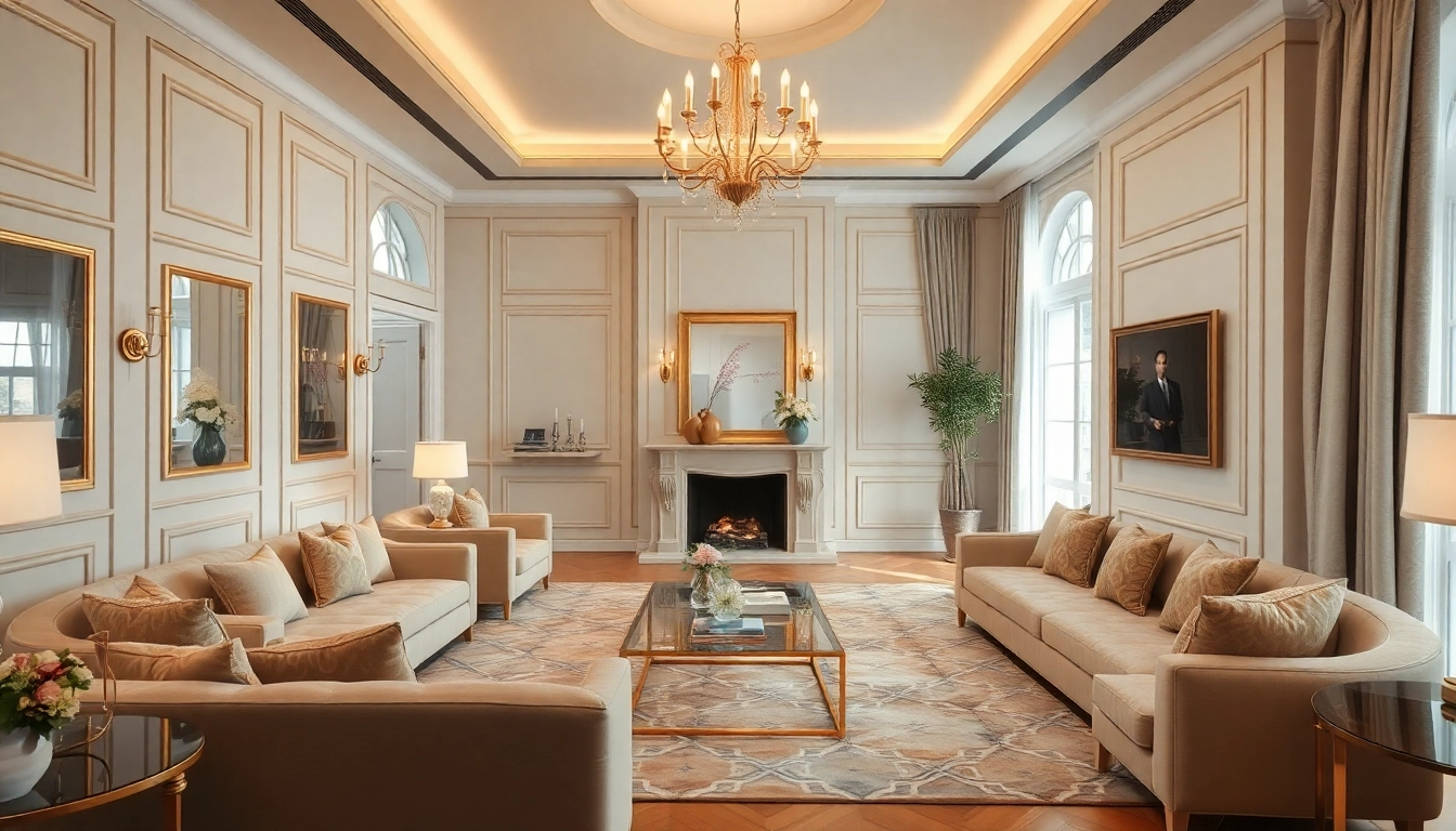 Luxury living room with elegant furniture and soft natural lighting, highlighting comfort and sophistication.