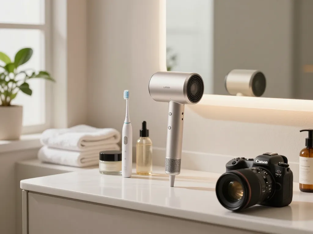 Laifen Haartrockner UK, präsentiert in einem modernen Badezimmer mit luxuriösen Pflegeprodukten.