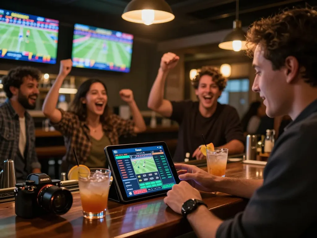 Placing bets on fabet mobile app while enjoying live sports with friends at a bar.