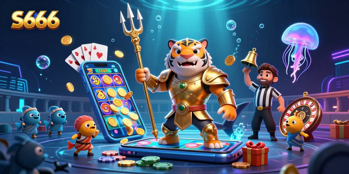 Experience thrilling games at S666 with a cartoon shark gladiator and vibrant casino elements.