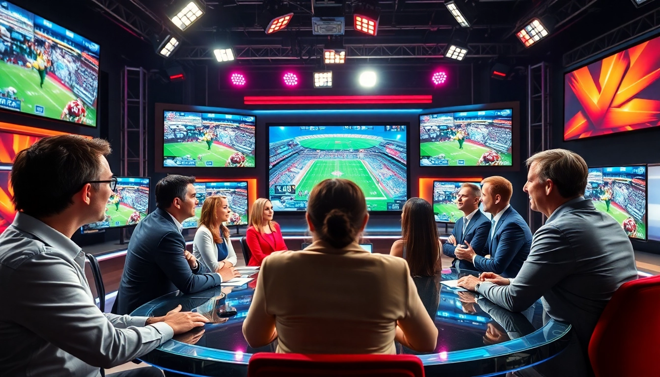 Engaging sports broadcasting studio featuring lively presenters and screens showcasing live events.