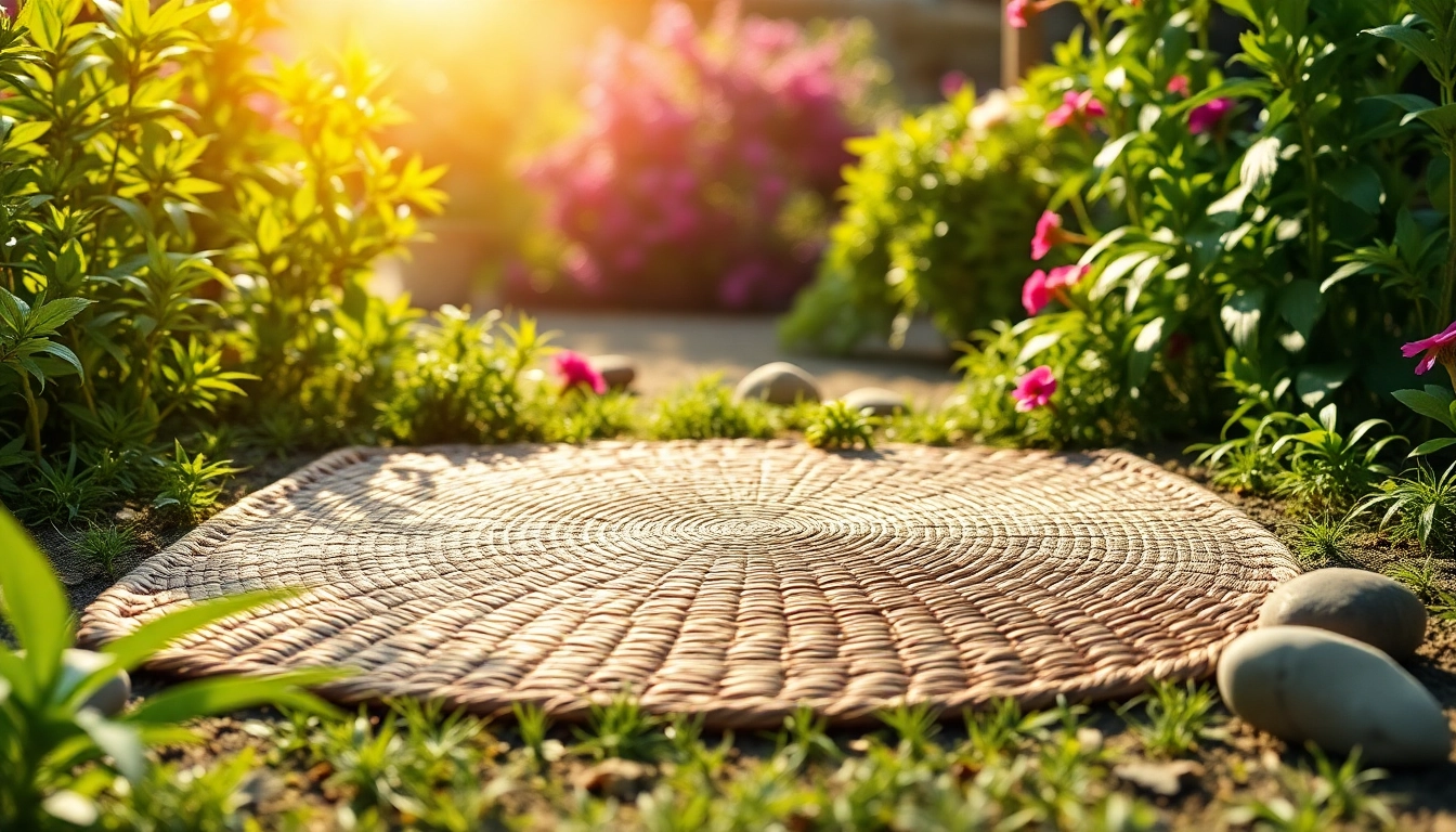 Hanfmatte in einem ruhigen Garten, umgeben von Pflanzen und natürlichem Licht.