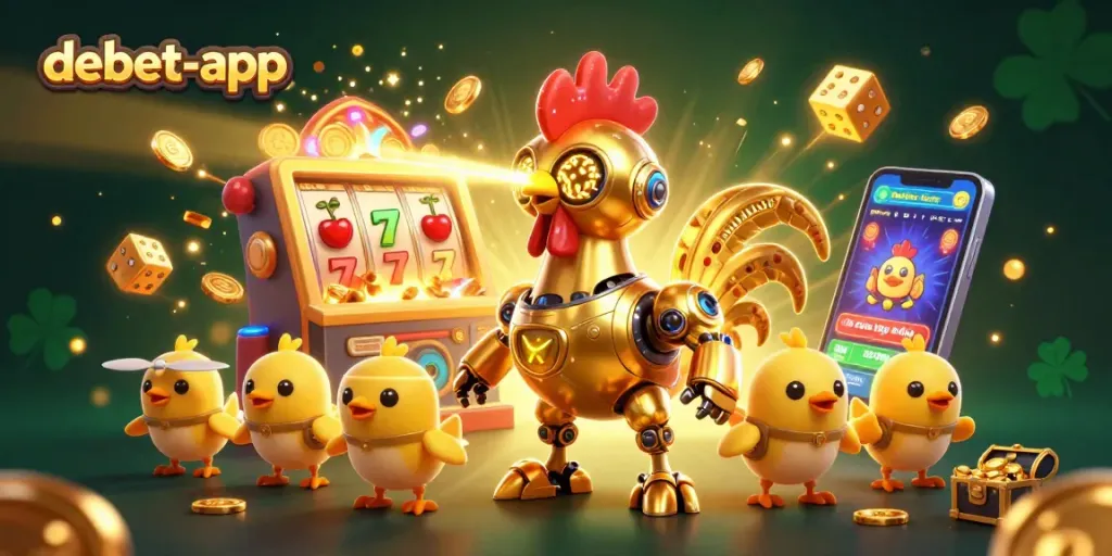 Witness the excitement of debet-app with a golden rooster robot and baby chick drones in a vibrant casino scene.